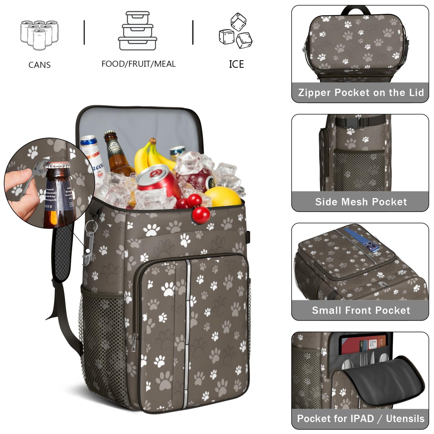 Travel Cooler Bag - Brown Dog Paw Footprint Camping Beer Cooler Backpack with Bottle Opener- Waterproof Insulated Picnic Backpacks - Cooler Bag for Beach