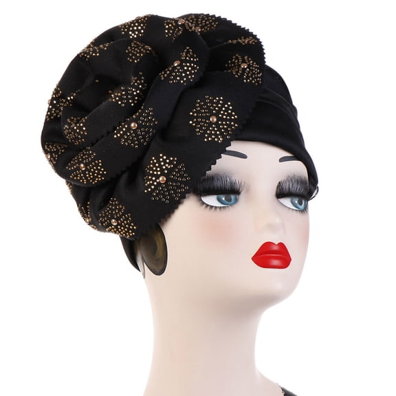 Women Ladies Stylish Big Gold Flowers Hair Head Wrap Cap Turban Beanie Hats