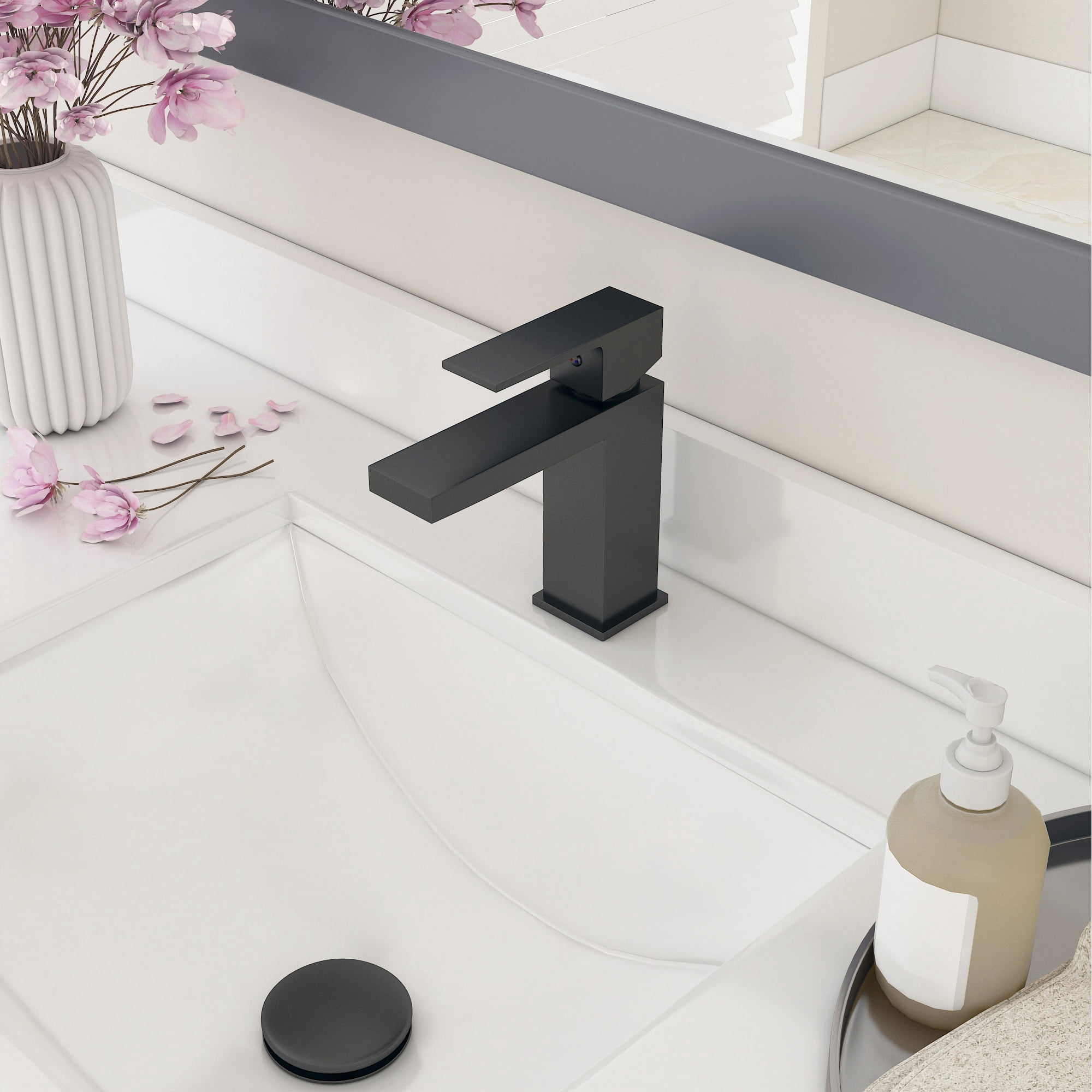 Ayna Decors Black Bathroom Sink Faucet Single Hole, Brass Single Handle Vanity Faucet with Pop Up Drain Stopper and Water Faucet Supply Lines