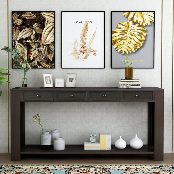 Console Table With 4 Drawers And Long Bottom Shelf 64 L X 15 W 30 H Entryway Storage Black Com Console Table With 4 Drawers And Long, 30 Console Table With Storage