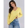 thumbnail image 5 of Women Long Sleeve Cable Knit Sweater Fall Fashion V Neck Fitted Pullover Business Casual Fall Outfits Light Yellow XL, 5 of 9