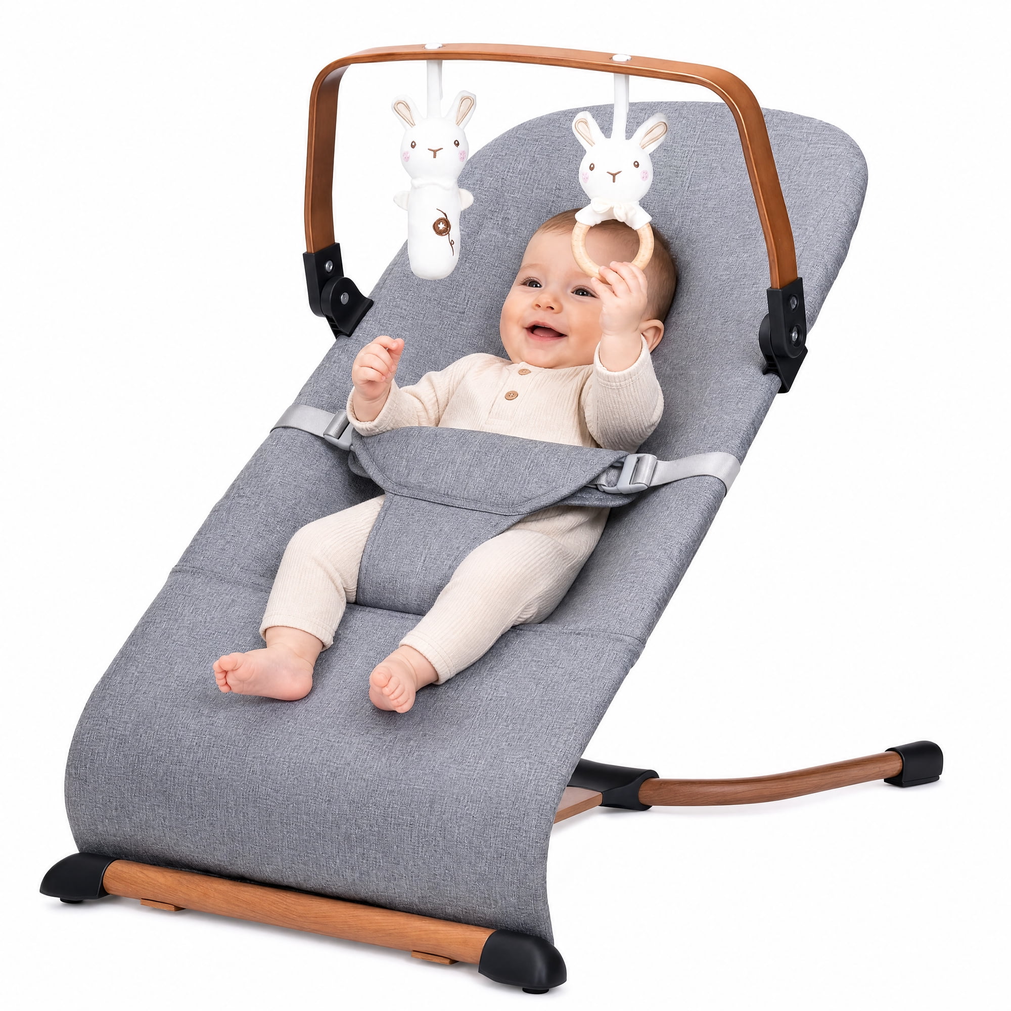 3 in 1 Baby Bouncer (Sit, Play & Relax),3 Recline Positions,Foldable Baby Rocker Chair W/ Removable Wooden Bar for 0-12 Months Infant & Toddler,Grey