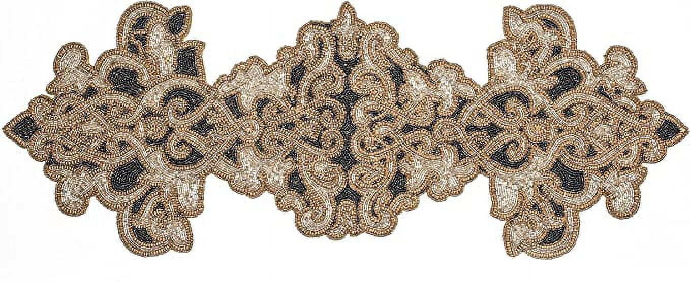 GFI LINEN CLUBS Hand Made Beaded Table Runner / Home Decor Mat in Gold, Charcoal & Silver, 13 x 36 Inches, Pack of 1, Produced by Village Artisans in India