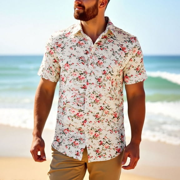 Mens Hawaiian Shirt Short Sleeve Floral Print Button Down Lapel Top Casual Loose Summer Seaside Holiday Beach Shirts for Men Light Pink XL