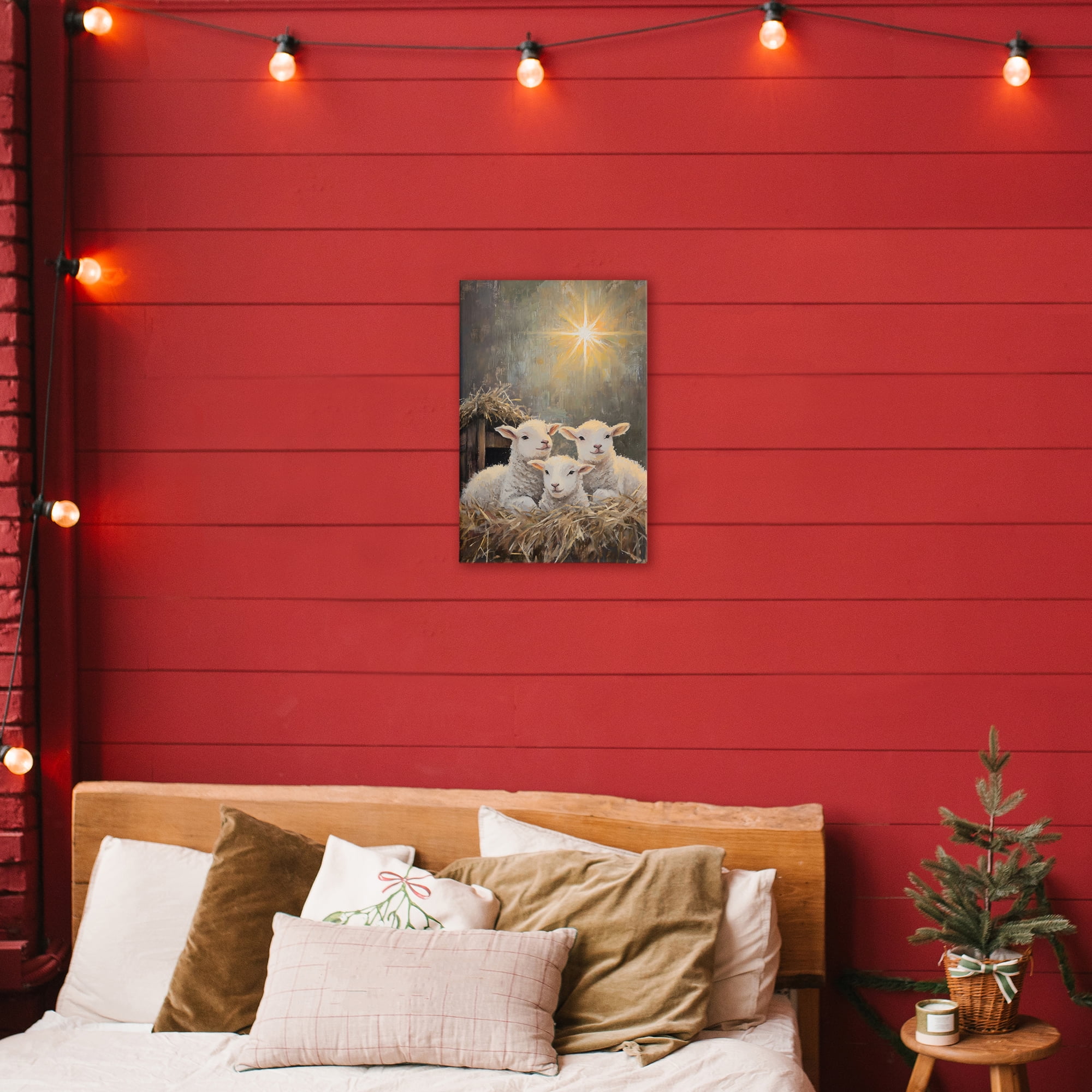 Festive Lambs in Stable Canvas Wall Art, design by Petal Prints Design