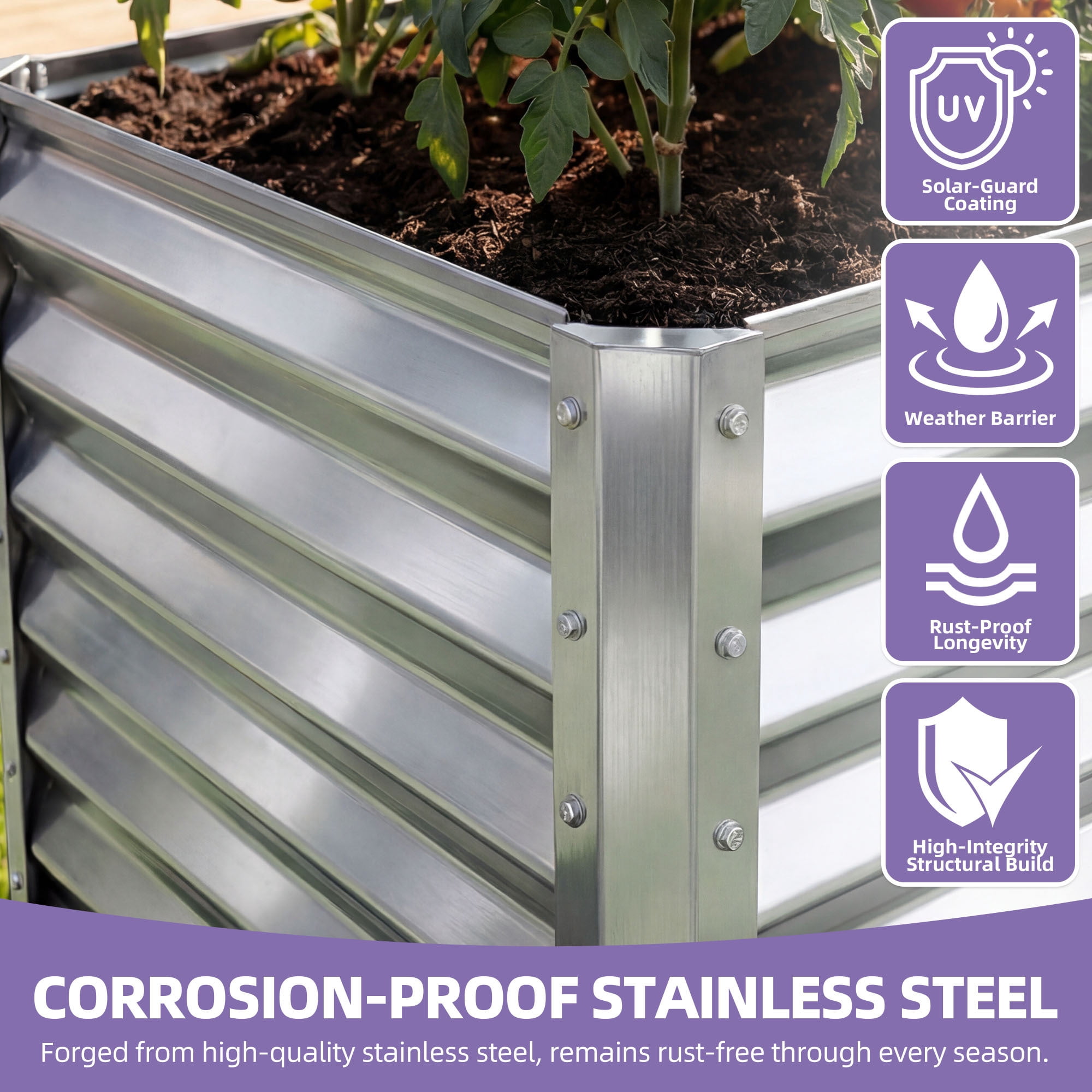 Uforic 8x4x3ft Large Galvanized Metal Raised Garden Bed Kit with Gloves, Support Rod & Safety Rubber, Outdoor Above Ground Planters for Plants Vegetables Flowers, Silver