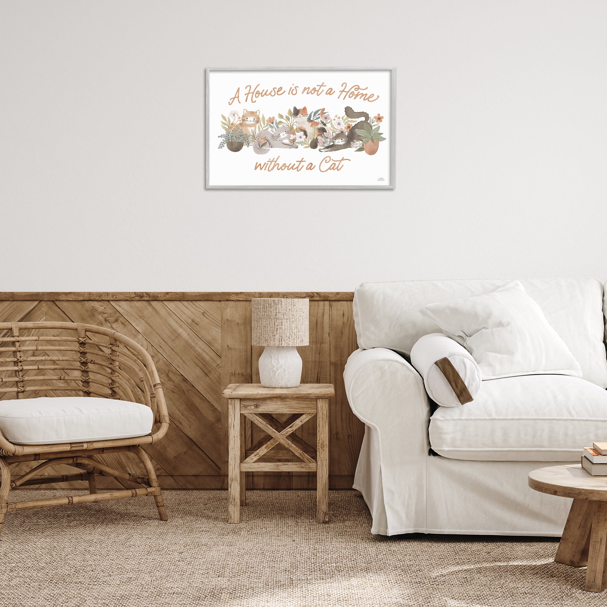 Stupell Industries Cozy Cats & Plants Phrase Animals & Insects Painting Gray Framed Art Print Wall Art, 24 x 16