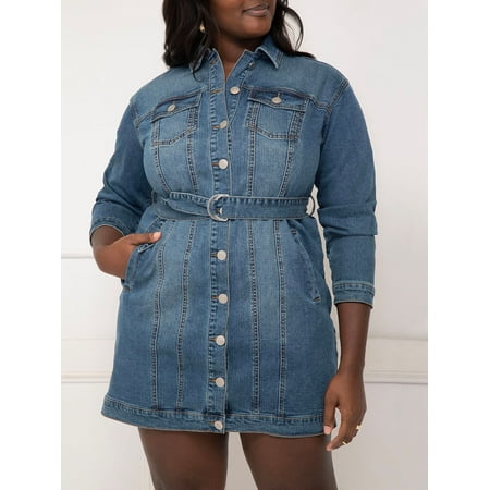 ELOQUII Elements Women's Plus Size Belted Denim Dress