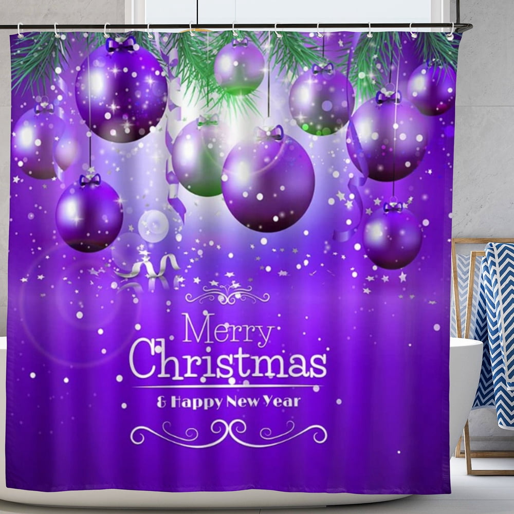 Merry Christmas Shower Curtain Purple Xmas Balls Pine Leaf Star Happy