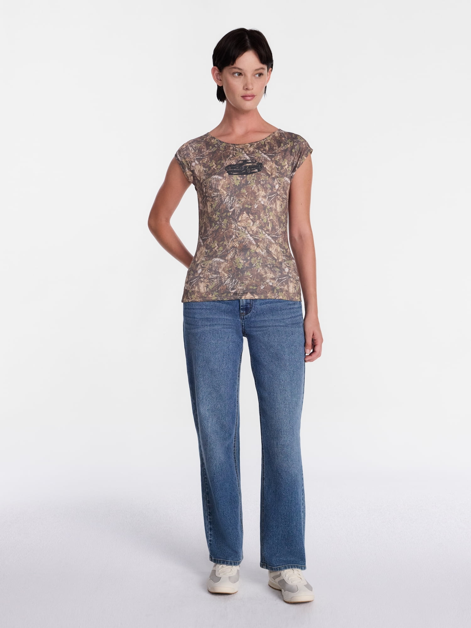 Muscle Car Women's Camo Graphic Tee with Cap Sleeves, Sizes XXS-XXL