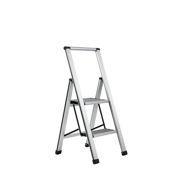 Birdrock Home 2 Step Slim Aluminum Step Ladder Sturdy Thin Folding Stool 2 Anti Slip Steps