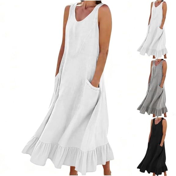 Laqbezok Sleeveless Cotton Linen Boho Flowy Beach Midi Dress with Pockets, Casual Solid Color Round Neck Sun Dress, Relaxed Fit Ruffle Hem Summer Vacation Dress