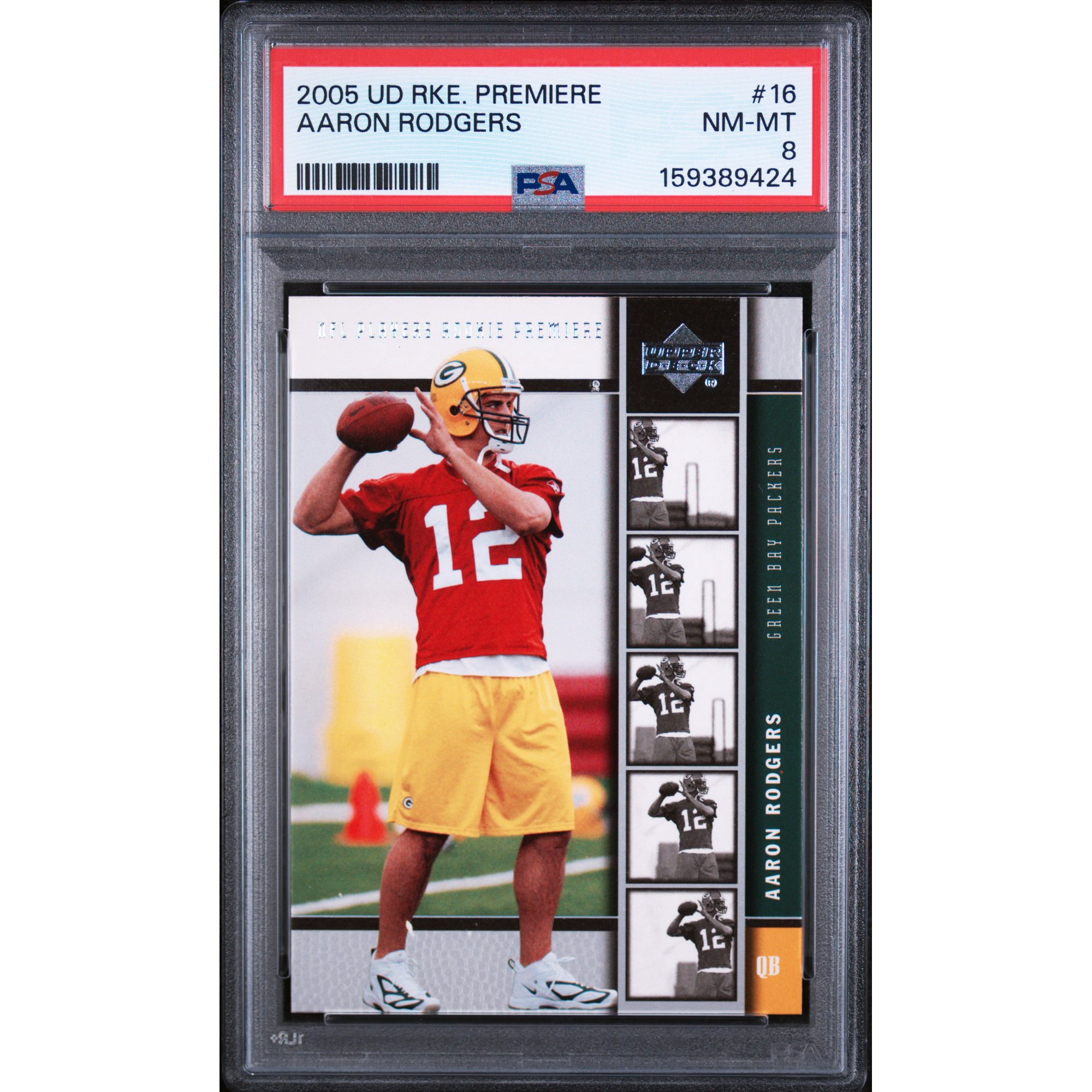 Aaron Rodgers 2005 Upper Deck Rookie Premiere Football RC Card #16 PSA 8