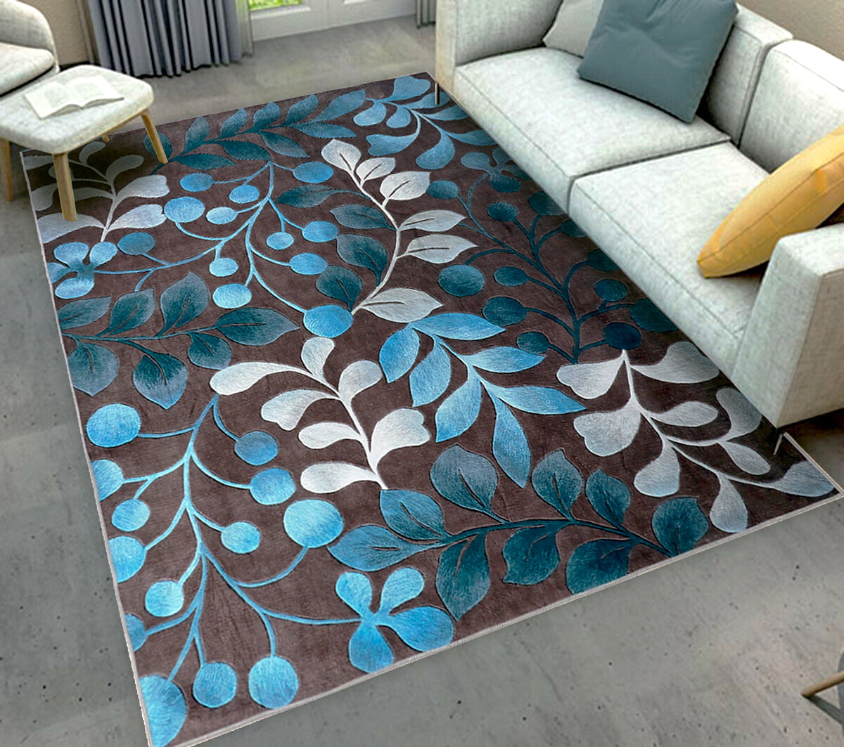 Modern Rug Traditional Carpet Feather Pattern Rugs Floor Mats Grey Teal Soft Mat 