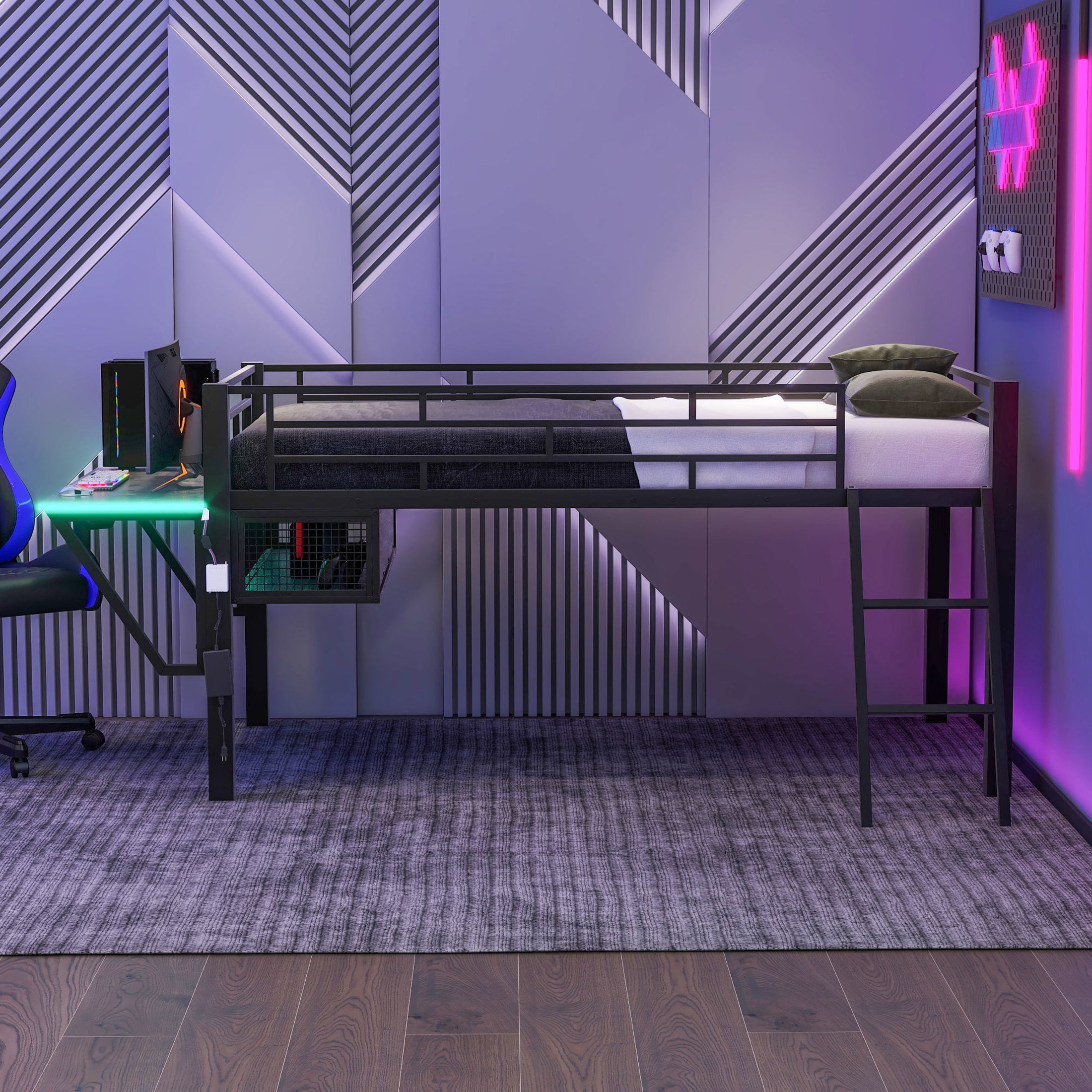 Noble House Twin Gaming Mid Loft Bed, Metal Frame with Desk and Customizable LED Lights, eSport-Inspired, Black
