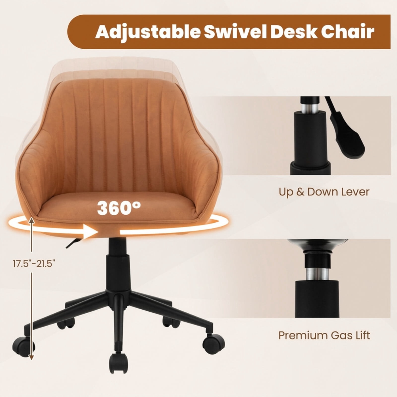 Furnibear Modern Home Office Chair Ergonomic PU Leather Swivel Task Chair Adjustable Height Computer Desk Chair with Curved Backrest, Brown