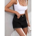 thumbnail image 3 of EMMIOL Women's High-Mid Waisted Stretch Denim Jean Shorts Frayed Raw Hem Solid Casual Boyfriend Y2K Curvy Jorts, 3 of 7