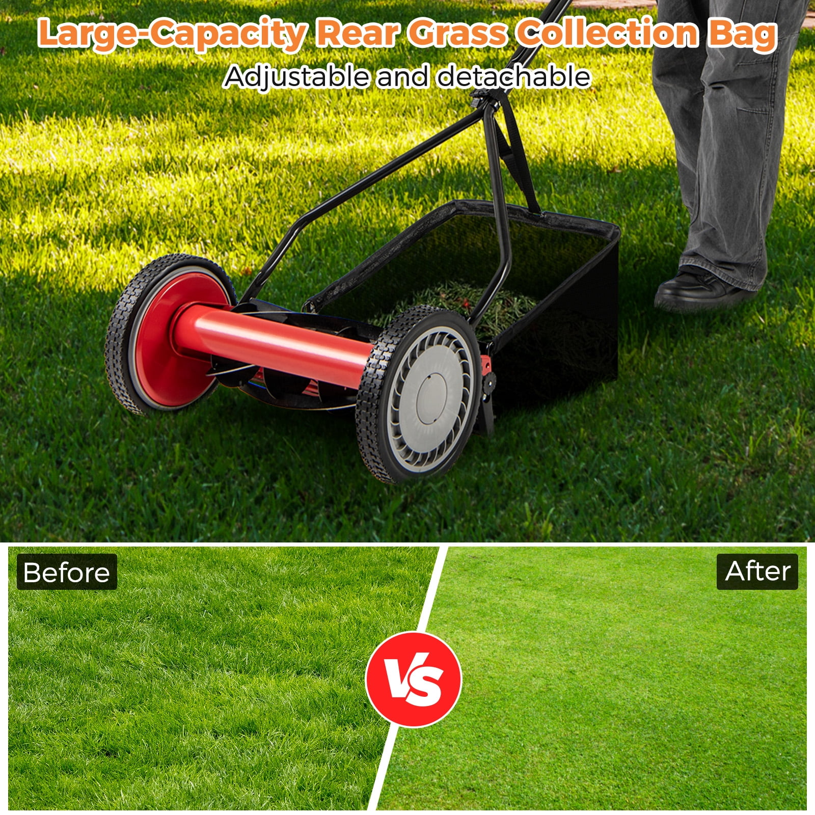 Gymax 14'' Manual Reel Mower w/ 5-Blade 6.6 Gallon Removable Grass Catcher for Garden Red