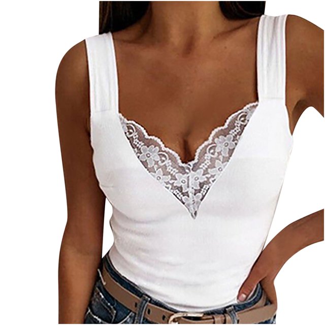 Camisetas sin mangas con cuello en V y encaje de Honeeladyy, de verano, de color liso, ajustadas, cómodas, por menos de 5 $