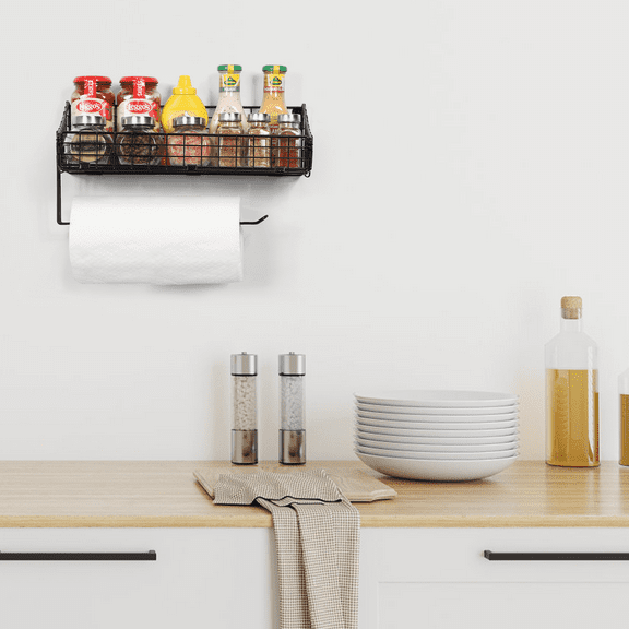 Black Iron Mesh Wall-Mounted Paper Towel Holder for Kitchen