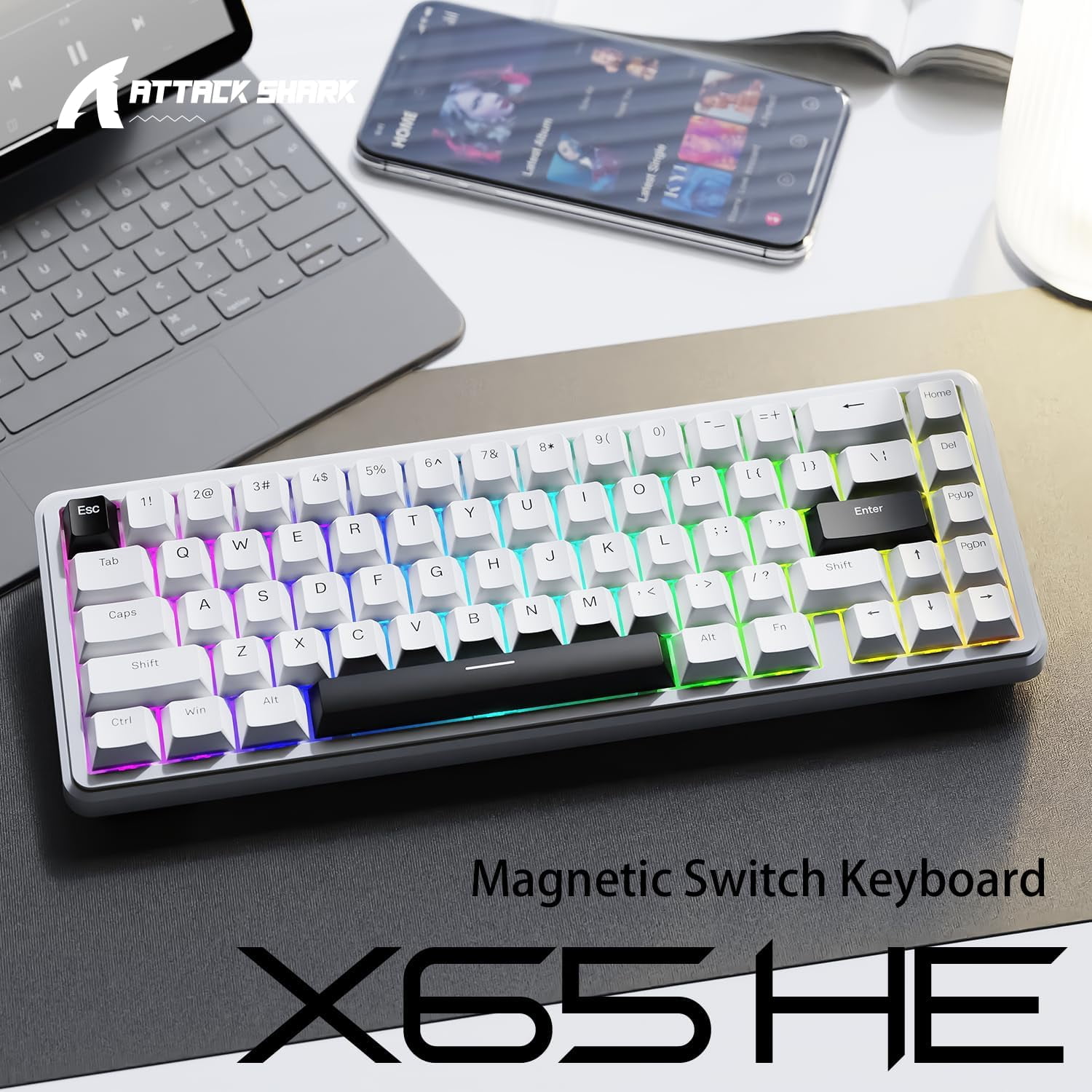 ATTACK SHARK X65 HE Magnetic Switch Rapid Trigger Keyboard 65% Wired Gaming Keyboard with 8000 Hz Polling Rate, 0.01mm RT Accuracy, PBT Keycaps, QMK Driver, RGB