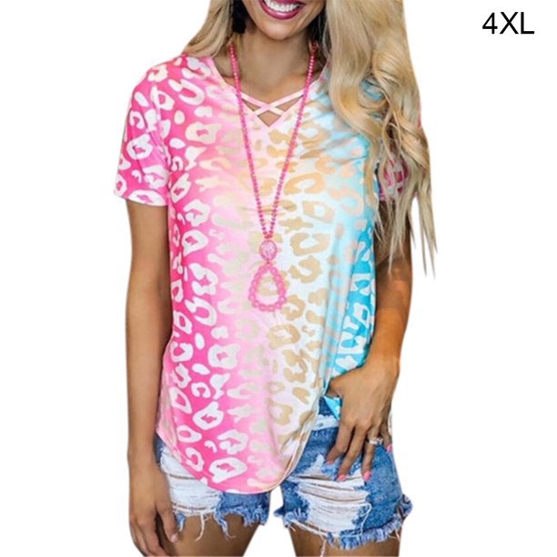 Camiseta con cuello en V y manga corta para niña, camiseta con estampado de verano para mujer, rosa, 4XL Methold AP001867-23