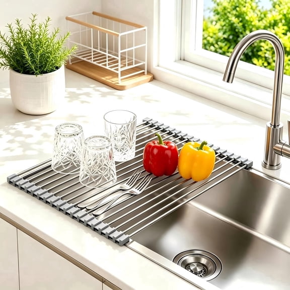 Yorhome Roll Up Dish Drying Rack, 18.7" x 13.7" Over-Sink Foldable Stainless Steel Kitchen Dish Drainer for Washing, Drying