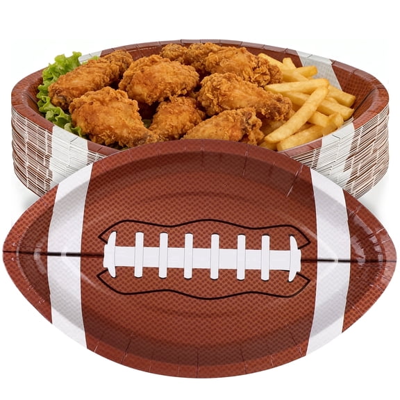 Elcoho 50 pack football shaped disposable paper plates, 9.4 x 5.9 inch food serving trays for sports game birthday party decor