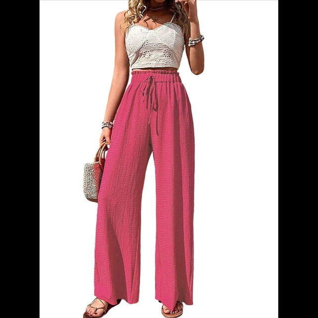Pantalones de Salón de Pierna para Mujer, Cintura Alta, Ajustables, con Nudo de Lazo, Holgados. Rojo M