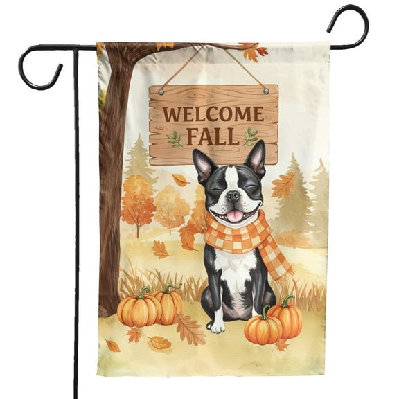 Welcome Fall Boston Terrier Cozy Autumn Field Pumpkins Golden Leaves Garden Flag 12x18in Double Sided Gentleman Dog Lover Gifts Outdoor Decor - 12013