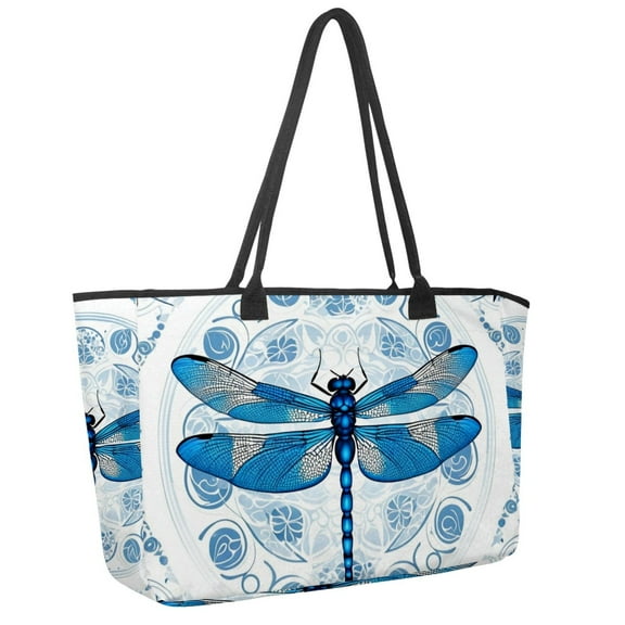 Big Shoulder Handbags for Women,Retro Blue Dragonfly Large Casual Tote Bags for Work Travel Commuter Shopping Trendy Handbag