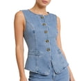 thumbnail image 4 of Fenkoxk Womens Casual Jean Vest Solid Color Button Hoodless Sleeveless Denim Jacket, 4 of 5