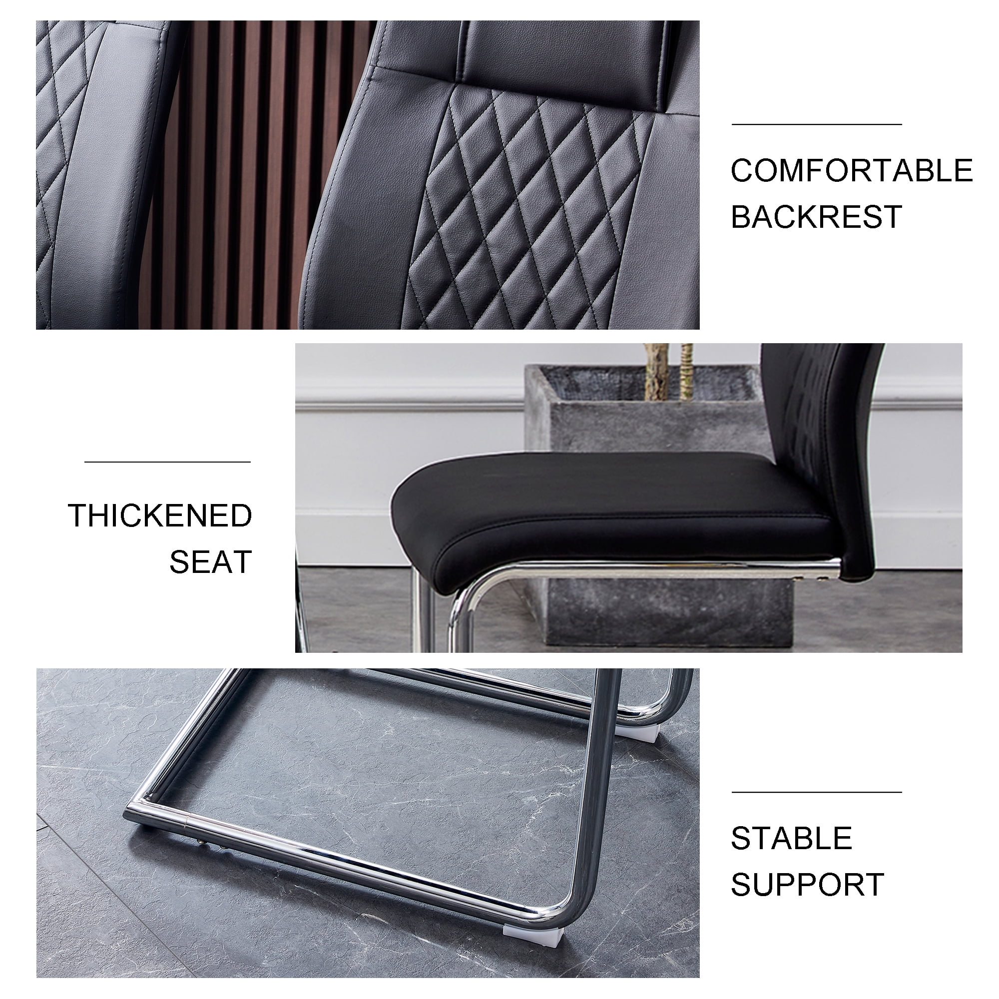 NYEESS Set of 4 Black High Back Dining Chairs Armless with Waterproof Faux Leather Upholstered Seat Chrome Metal Legs for Kitchen Dining Room