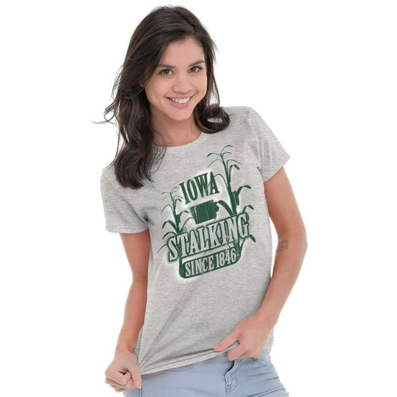 Iowa Map Shape Funny IA Corn Stalking Womens Slim Fit Graphic Tee Brisco Brands S