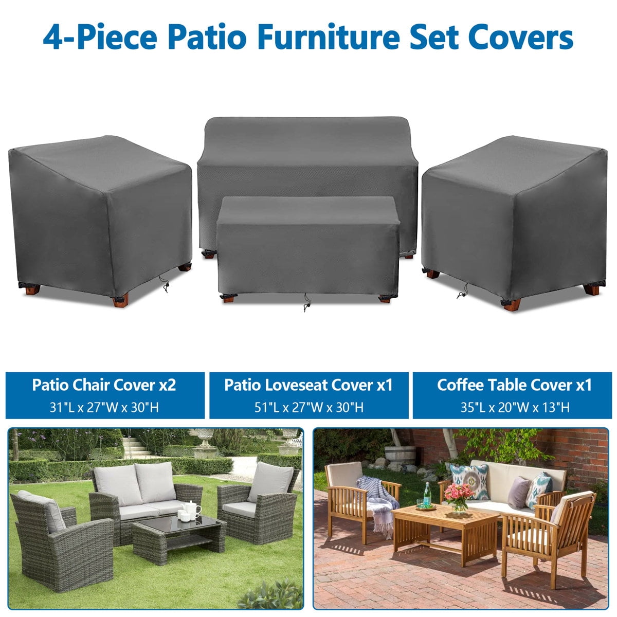 Outdoor Furniture Covers 4-Piece Set - Heavy Duty Waterproof Patio Sofa Covers for Sectional Sets, All-Weather Protected Table Cover, Gray