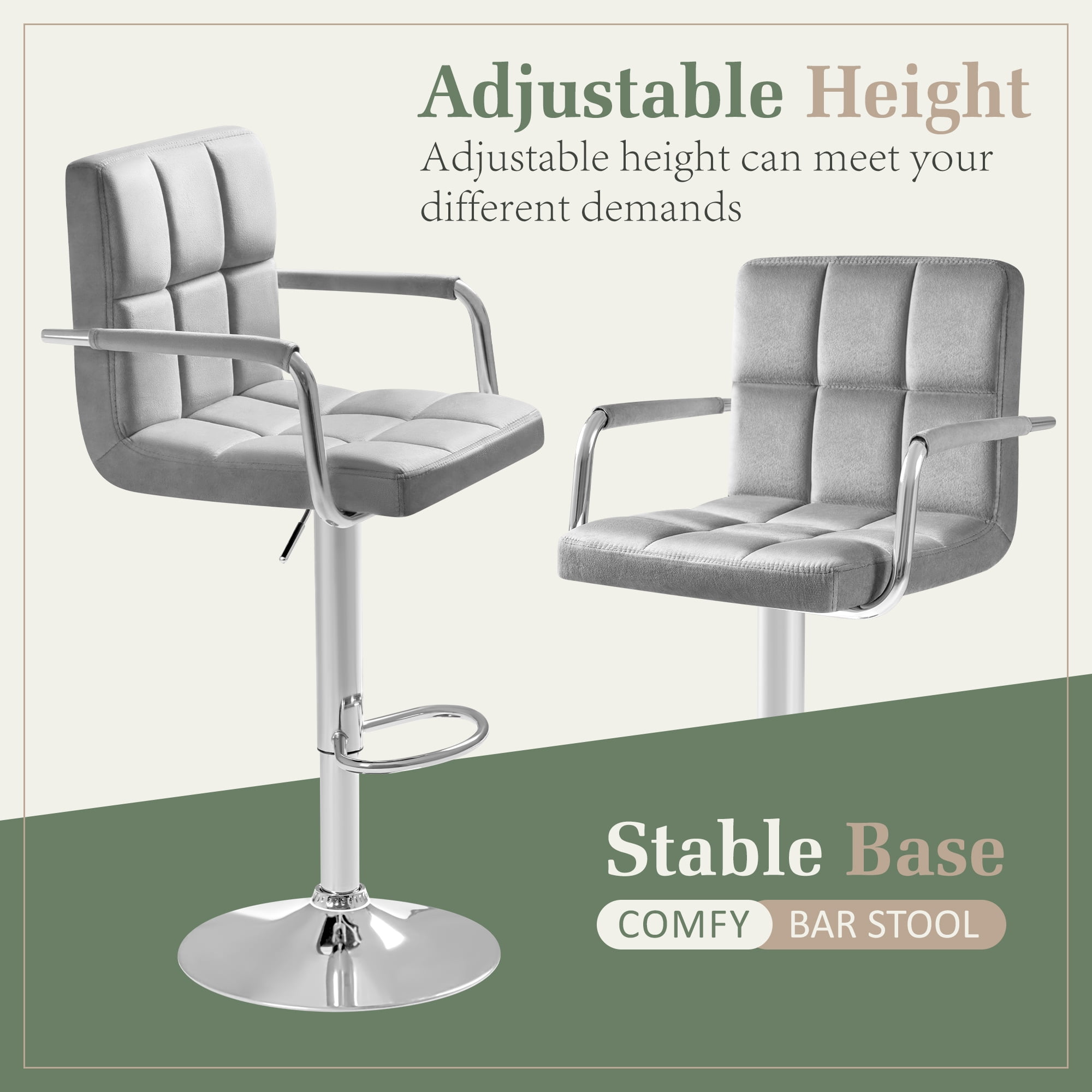 Homall Bar Stools Set of 2 Modern Velvet Height Adjustable Hydraulic Kitchen Counter Square Island Swivel Barstool with Armrest, Gray