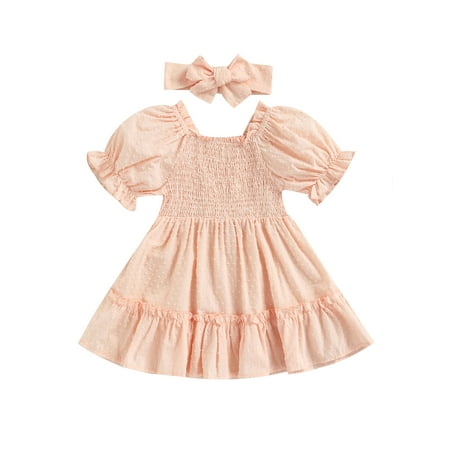 

ZIYIXIN Summer Baby Girls Princess Dress 2pcs Solid Color Puff Sleeve Ruffles A-Line Knee Length Dresses Headband Pink 9-12 Months