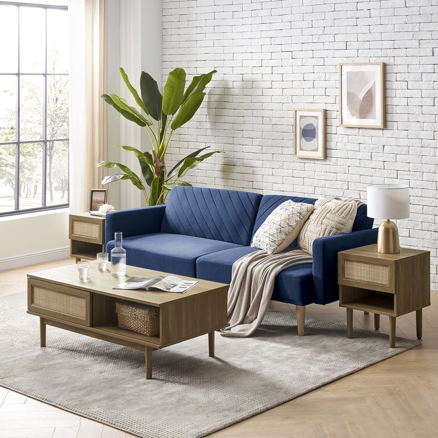 mopio Haylee Coffee Table, Modern Boho Farmhouse Natural Rattan Living Room Small Center Coffee Table with Storage (Oak)