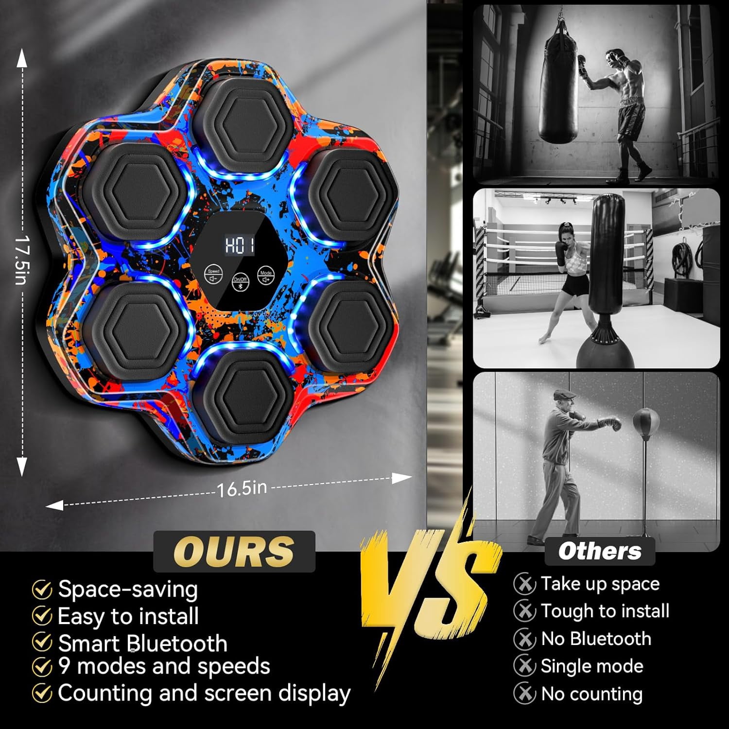 Music Boxing Machine - Interactive Punching Trainer with Boxing Gloves, Large Wall-Mounted Electronic Punching Bag for Adults and Kids, Featuring 9 Modes & 9 Speeds, Bluetooth Connectivity