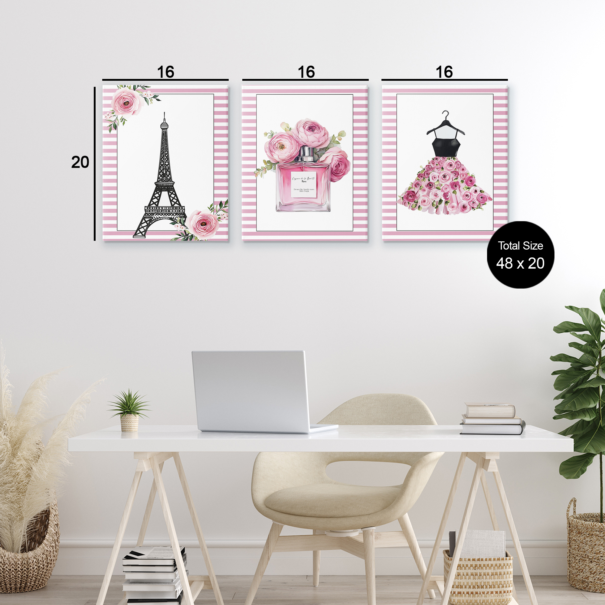 Parisian Glam with Stripes 3 Piece Canvas Wall Art Set, design by Christine Simpson Art