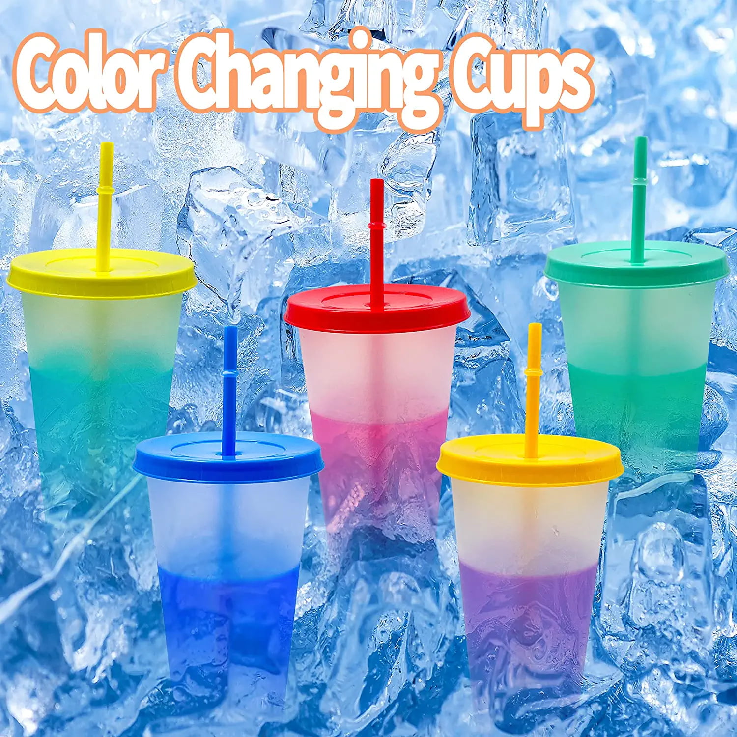 NOGIS 24oz Color Changing Plastic Tumblers,5 Pack Reusable Plastic Cups  with Lids and Straws,Color Changing Stadium Cup Coffee Cup Party Cup Summer  Cups for Parties and Gifts 