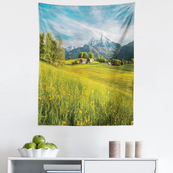 Farmhouse Tapestry, Outdoorsy Mountain Scenery Panorama Landscape The Scent of Pine Trees Nature, Fabric Wall Hanging Decor for Bedroom Living Room Dorm, 5 Sizes, Multicolor, by Ambesonne