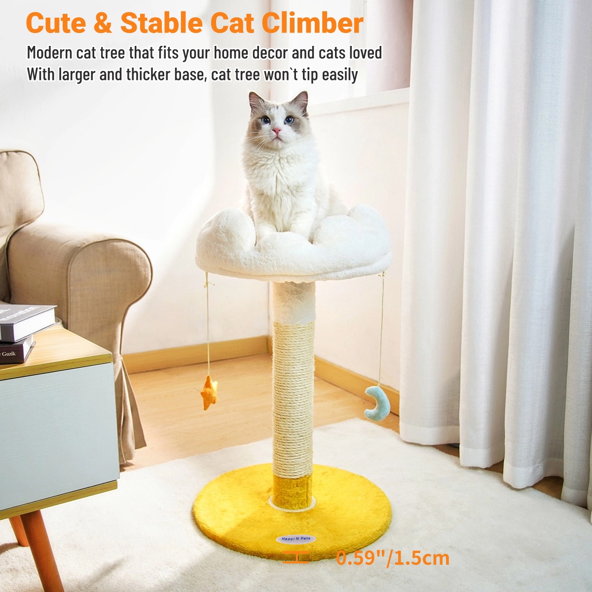 Happi N Pets 28" Tall Thick Cat Scratching Post, Small Cat Tree for Indoor Cats with Cloud Soft Perch & Bed, Cute Toys, Stable Stand, Removable Cover, Bonus Catnip