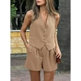 thumbnail image 2 of Women'S Summer 2 Piece Outfits Sleeveless Matching Sets Button Down V Neck Vest Waistcoat and Pockets Shorts Khaki L, 2 of 8