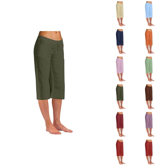 Cotton Linen Capri Pants for Women Elastic High Waist Straight Leg Relaxed Fit Casual Cropped Pants Capris with Pockets