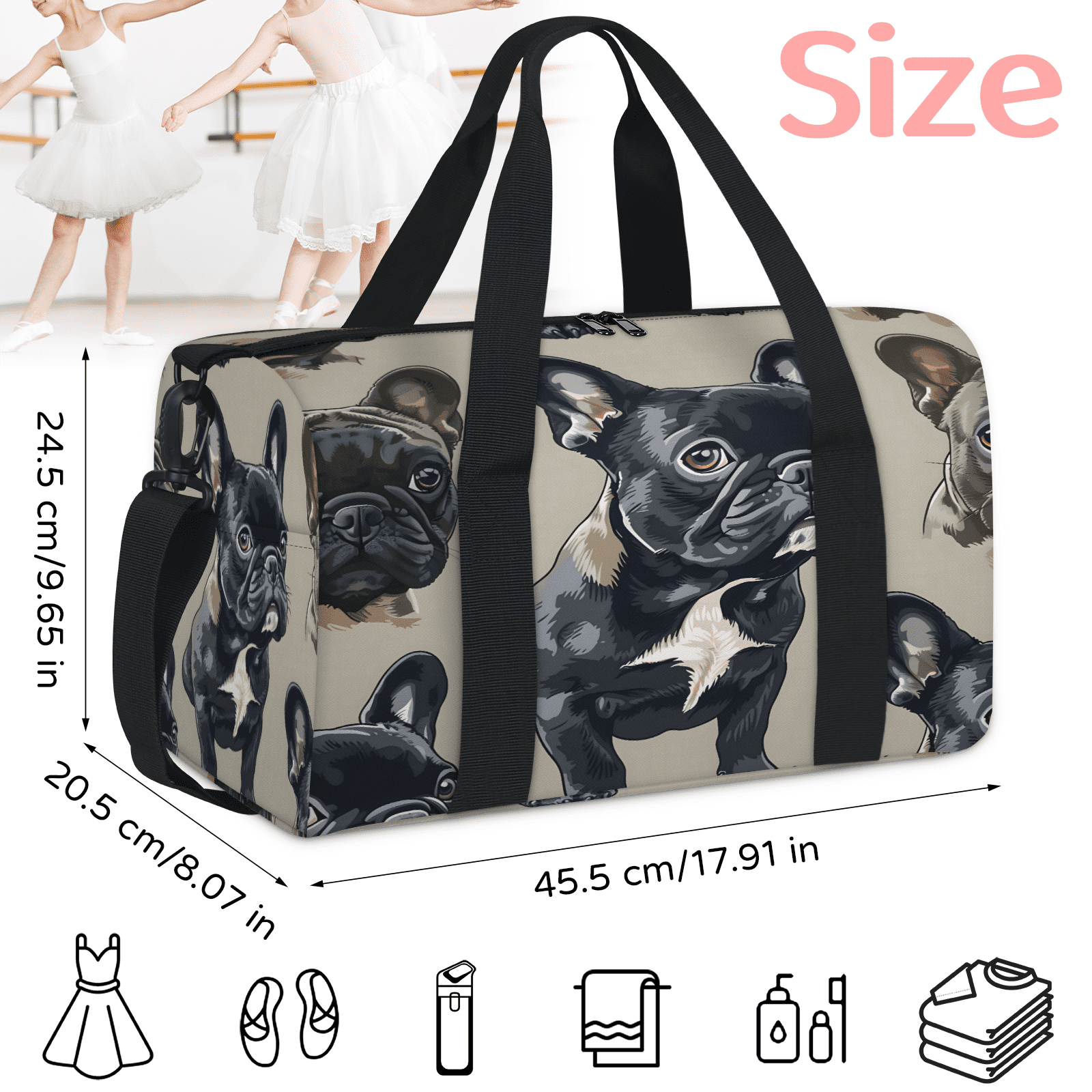 Herdesigns French Bulldog Gym Bag for Women, Duffle Bag for Travel Sport, Lightweight Waterproof Carry on Weekender Overnight Dance Yoga Workout Bags