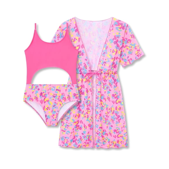 Serdomi Girls 2 Piece Swimsuit Set Mesh Cover Up & Leopard Print One Piece Swimsuit Cut Out Adjustable Strap Swimwear Size 10