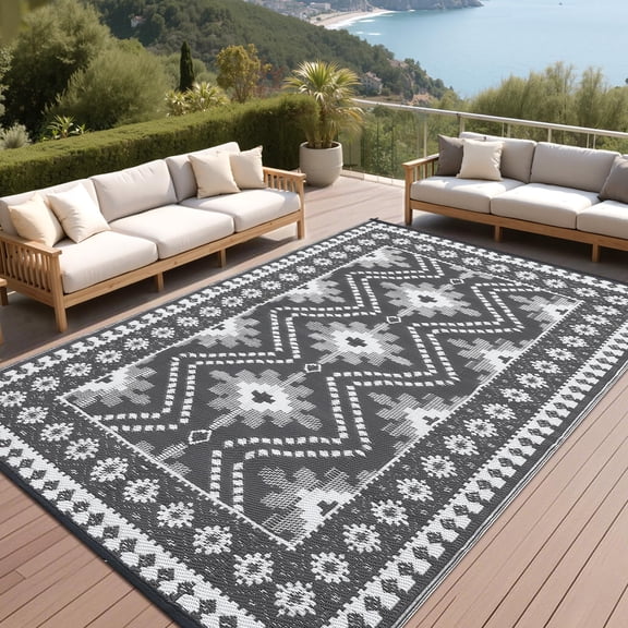 Outdoor Rug 9x18 Large Reversible Waterproof Plastic Straw Rug | Stain & Weather Resistant RV Picnic Patio Mat Outside Carpet for Camping Deck Poolside Garden Grey White