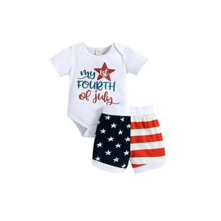 

Bebiullo Independence Day Outfit Infant Baby Boy Girl 4th of July American Flag Jumpsuit + Stars Shorts Set White 18-24 Months