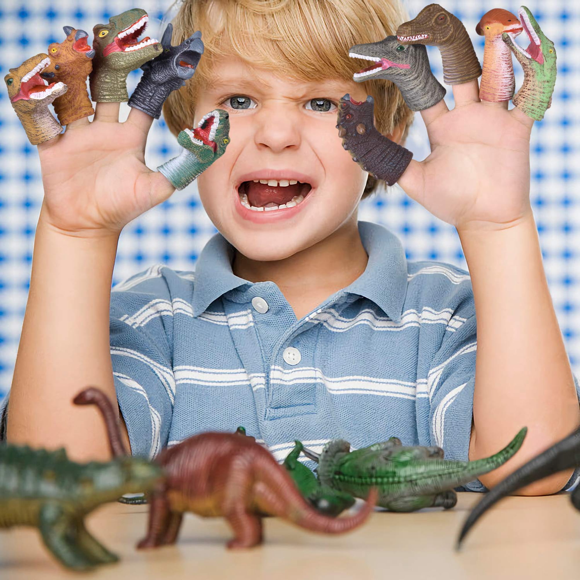 BBQ Star 10 PCs Rubber Animal Bath Finger Puppets for Kids Educational Story Time Gift Dinosaur Head Finger Toys for Party Favors Goodie Bags Fillers Classroom Prizes Pinata Fillers Type-1-10pcs